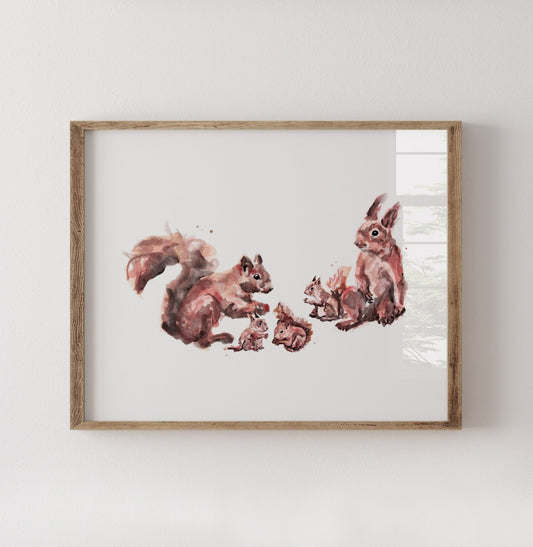 Squirrel Family of 5 Woodland Animal Watercolor Art Print - Art Prints - Moon Rock Prints