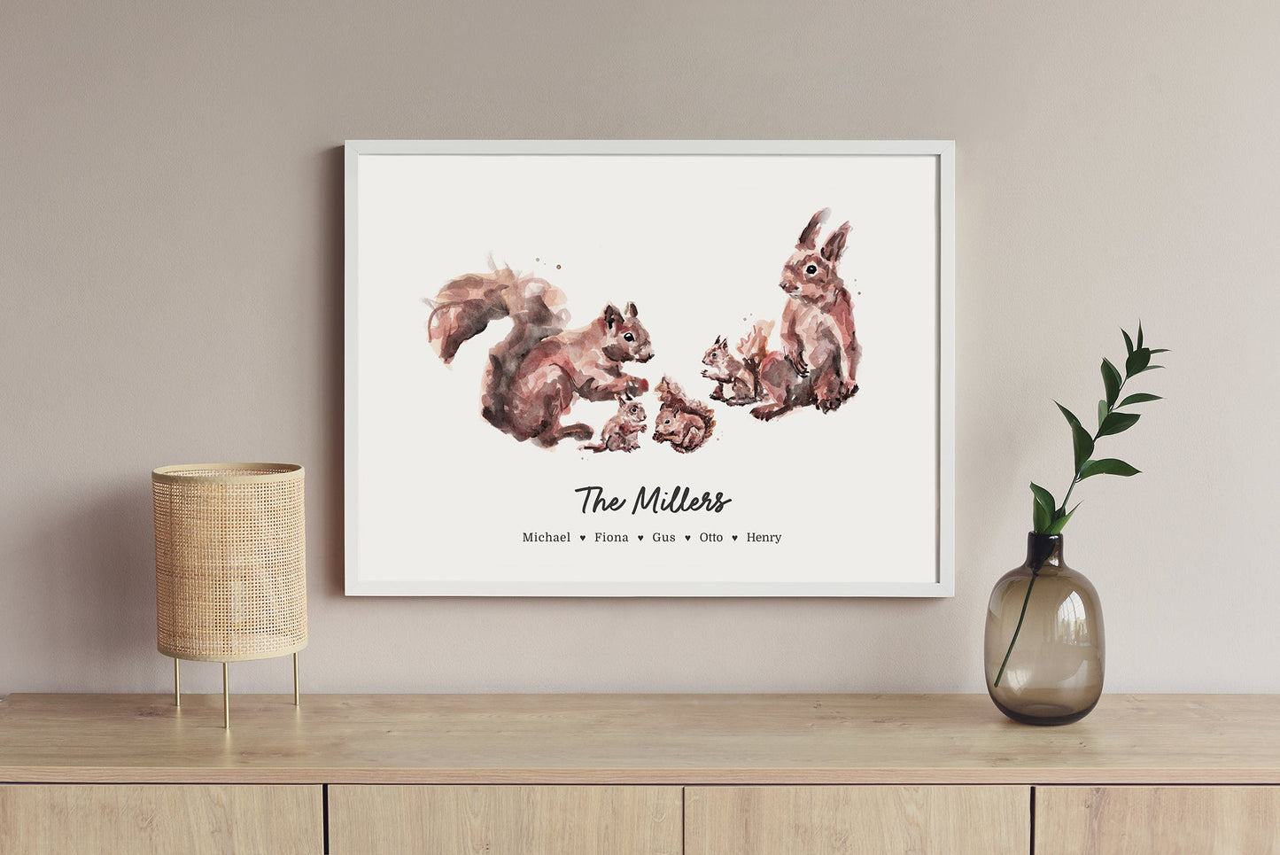Squirrel Family Personalized Watercolor Art Print - Art Prints - Moon Rock Prints