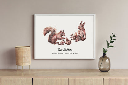Squirrel Family Personalized Watercolor Art Print - Art Prints - Moon Rock Prints