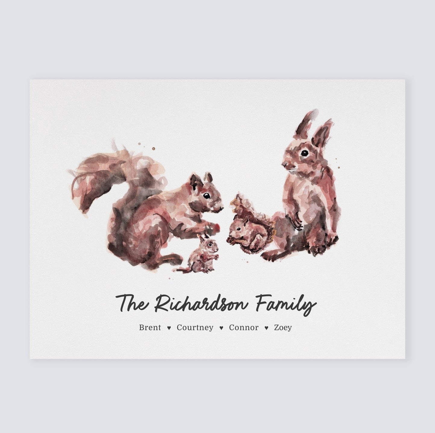 Squirrel Family Personalized Watercolor Art Print - Art Prints - Moon Rock Prints