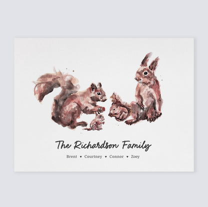 Squirrel Family Personalized Watercolor Art Print - Art Prints - Moon Rock Prints