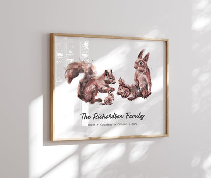 Squirrel Family Personalized Watercolor Art Print - Art Prints - Moon Rock Prints
