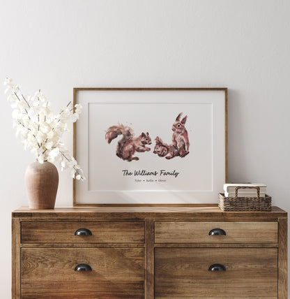 Squirrel Family Personalized Watercolor Art Print - Art Prints - Moon Rock Prints