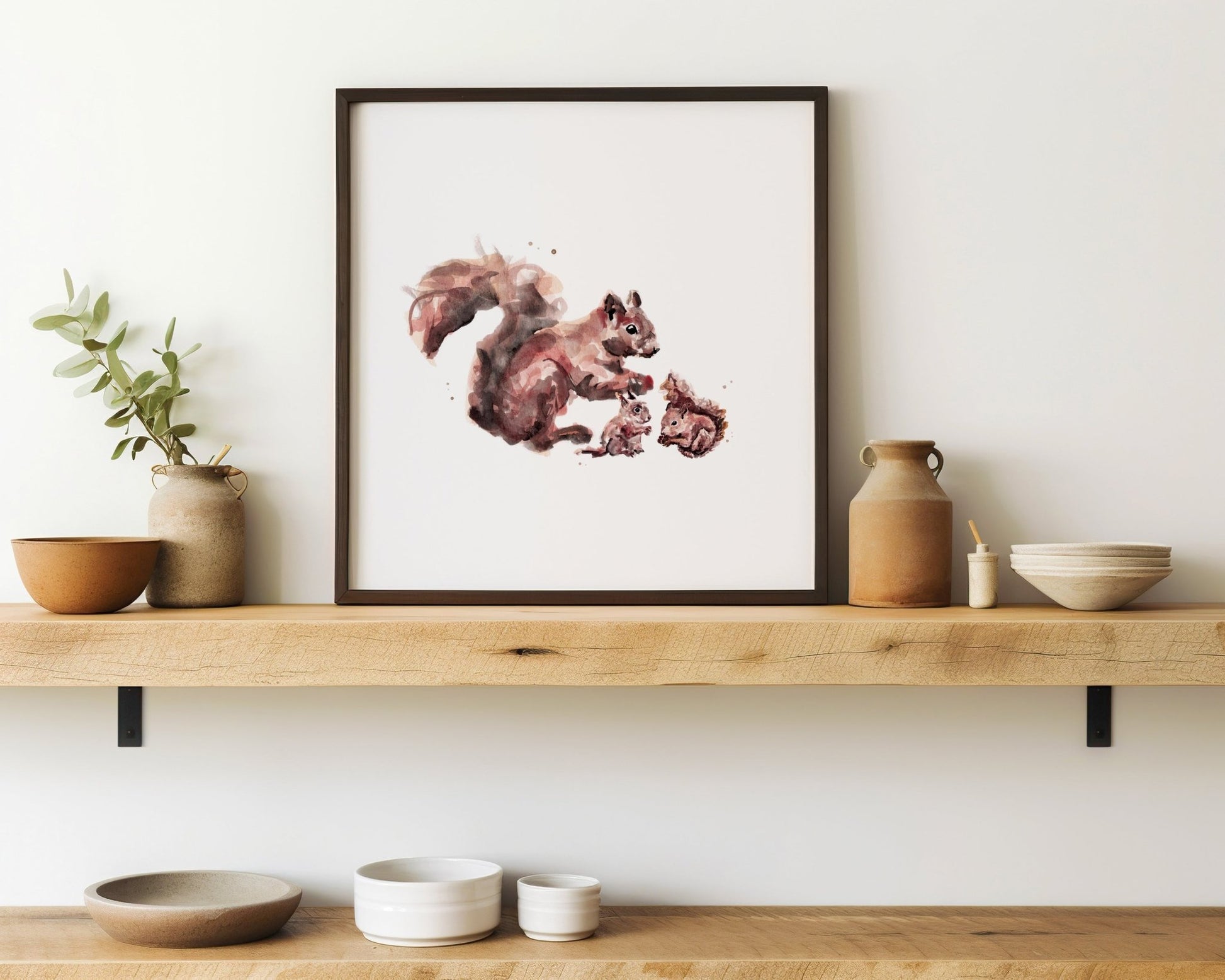 Squirrel & Two Baby Squirrels Woodland Animal Watercolor Art Print - Art Prints - Moon Rock Prints