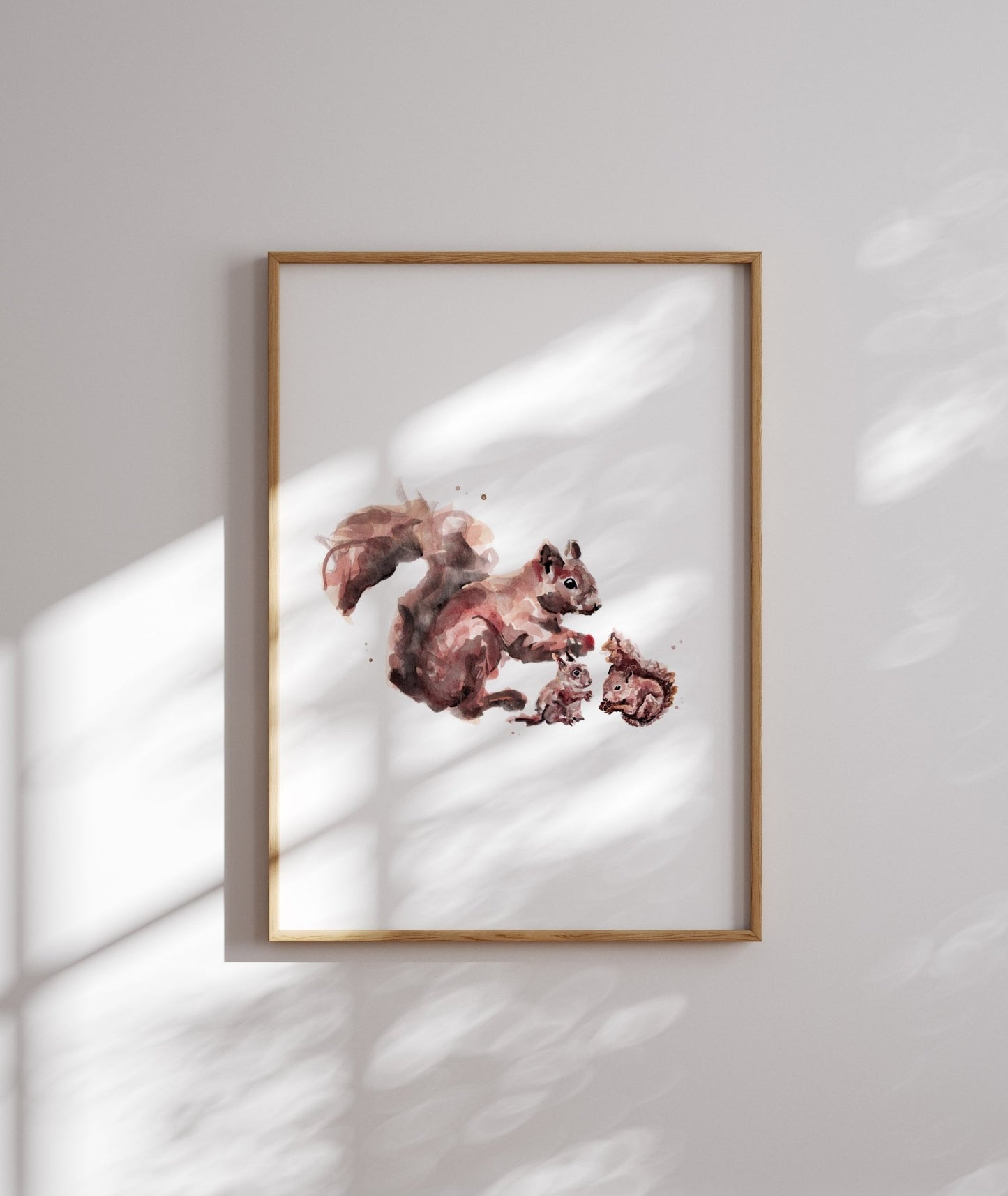 Squirrel & Two Baby Squirrels Woodland Animal Watercolor Art Print - Art Prints - Moon Rock Prints
