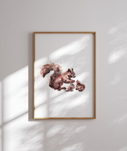 Squirrel & Two Baby Squirrels Woodland Animal Watercolor Art Print - Art Prints - Moon Rock Prints
