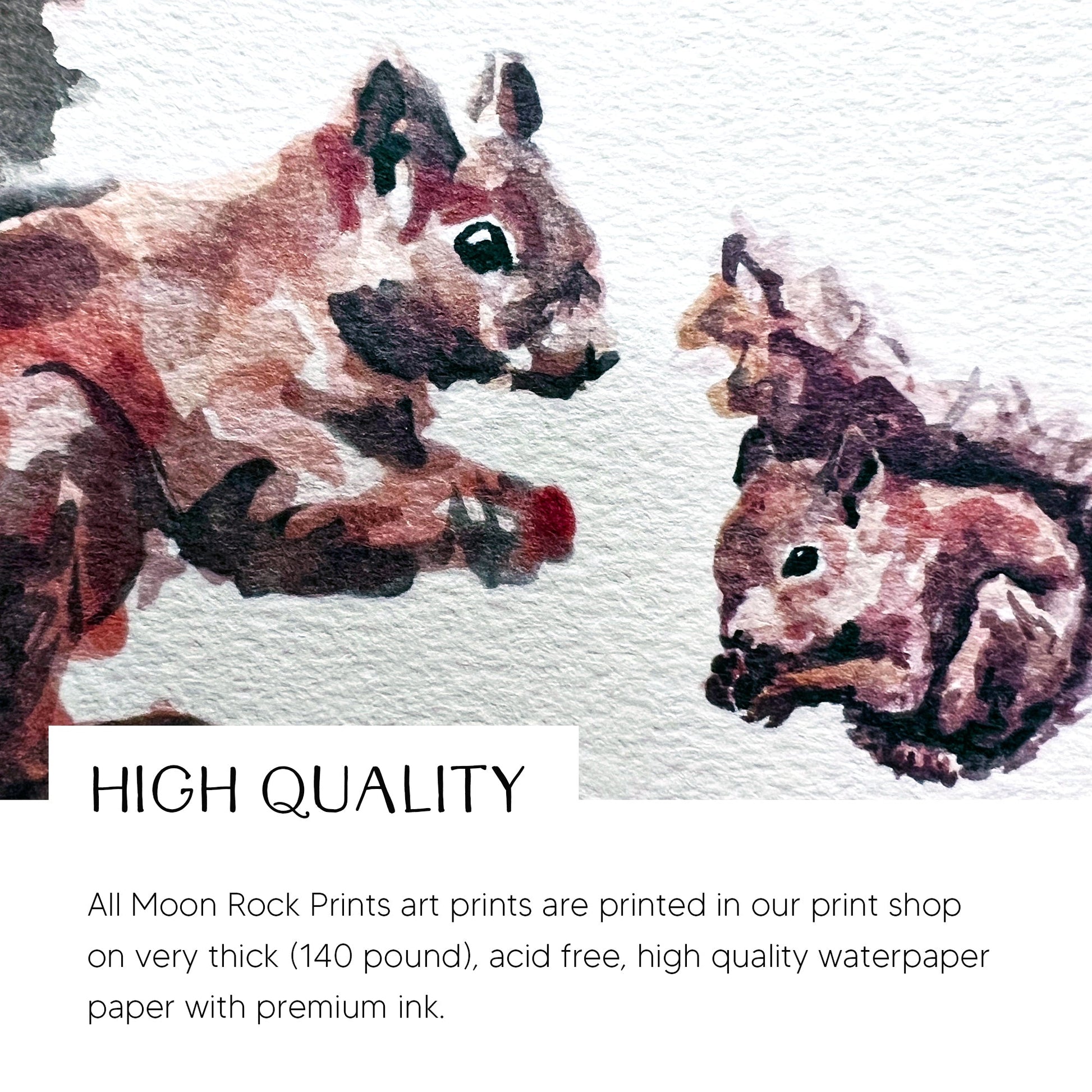 Squirrel & Two Baby Squirrels Woodland Animal Watercolor Art Print - Art Prints - Moon Rock Prints