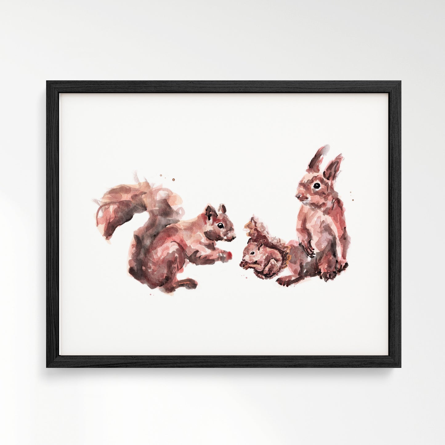 Squirrel Family of 3 Watercolor Art Print – in Black Frame