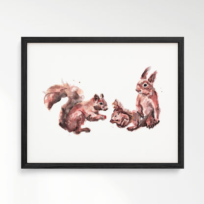 Squirrel Family of 3 Watercolor Art Print – in Black Frame