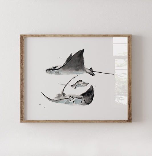 Stingray Family of 3 Ocean Animal Watercolor Art Print - Art Prints - Moon Rock Prints