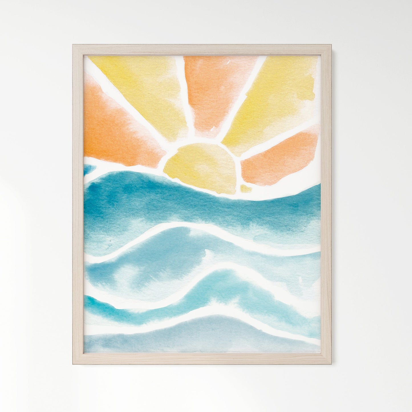 Sunset over waves watercolor art print framed in natural oak wood frame.
