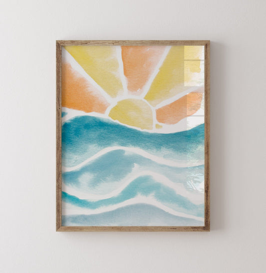 Sunset over waves watercolor art print for beach nurseries and coastal kids rooms.