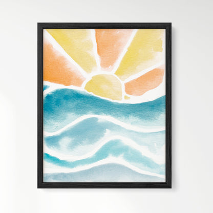 Sunset over waves watercolor art print framed in black wood frame.