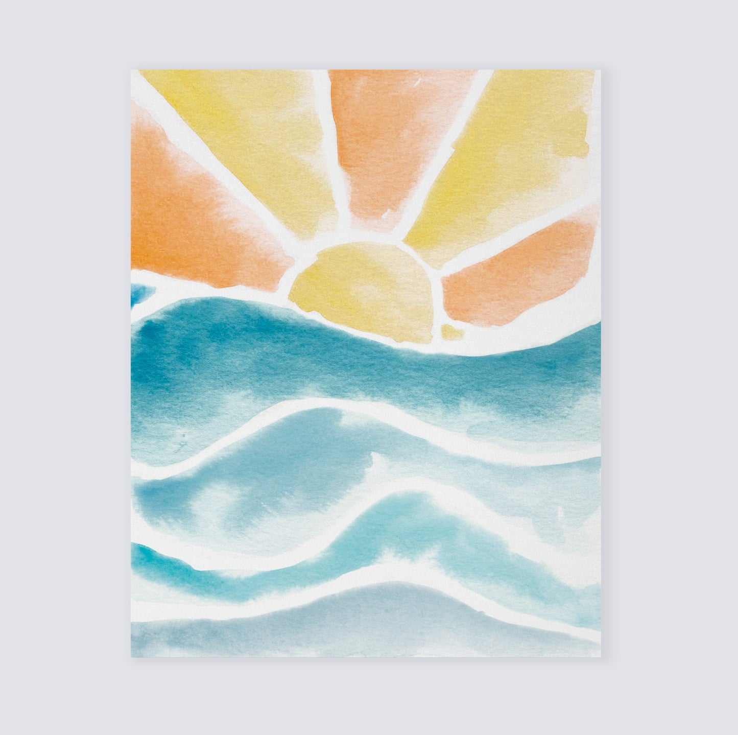 Sunset over waves watercolor art print for beach nurseries and coastal kids rooms. Calm ocean wall decor with soft nautical style.