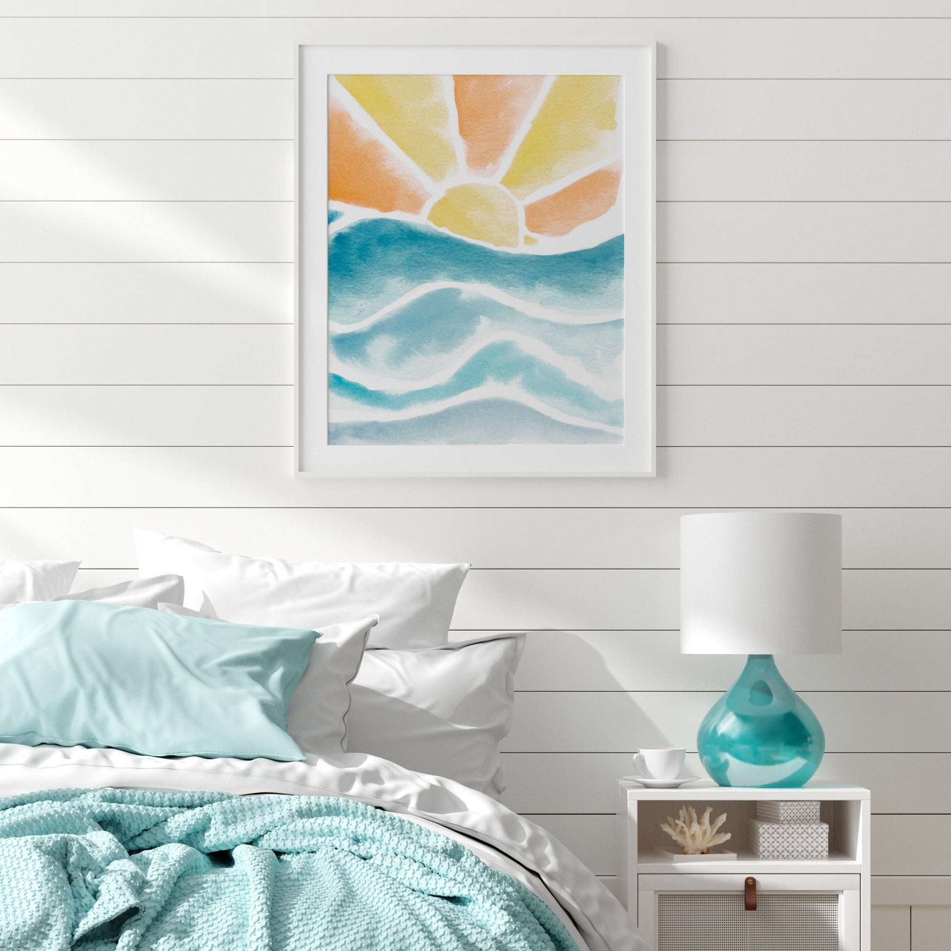 Sunset over waves watercolor art print for beach nurseries and coastal kids rooms. Calm ocean wall decor with soft nautical style.