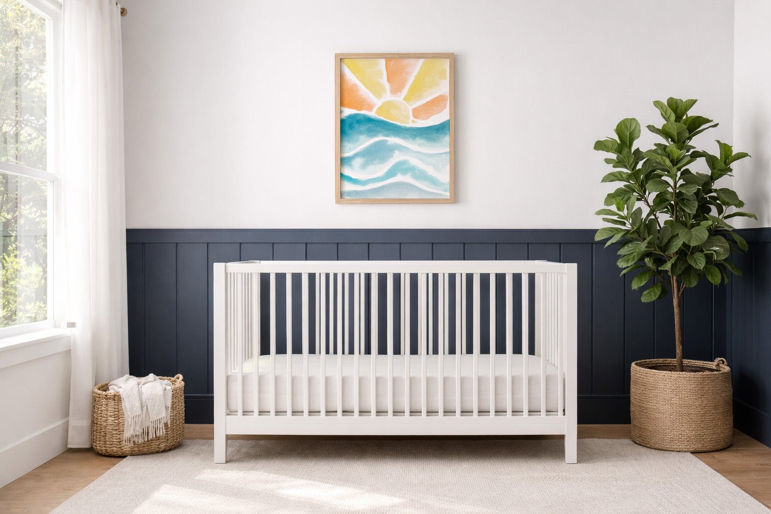 Sunset over waves watercolor art print for beach nurseries and coastal kids rooms. Calm ocean wall decor with soft nautical style.