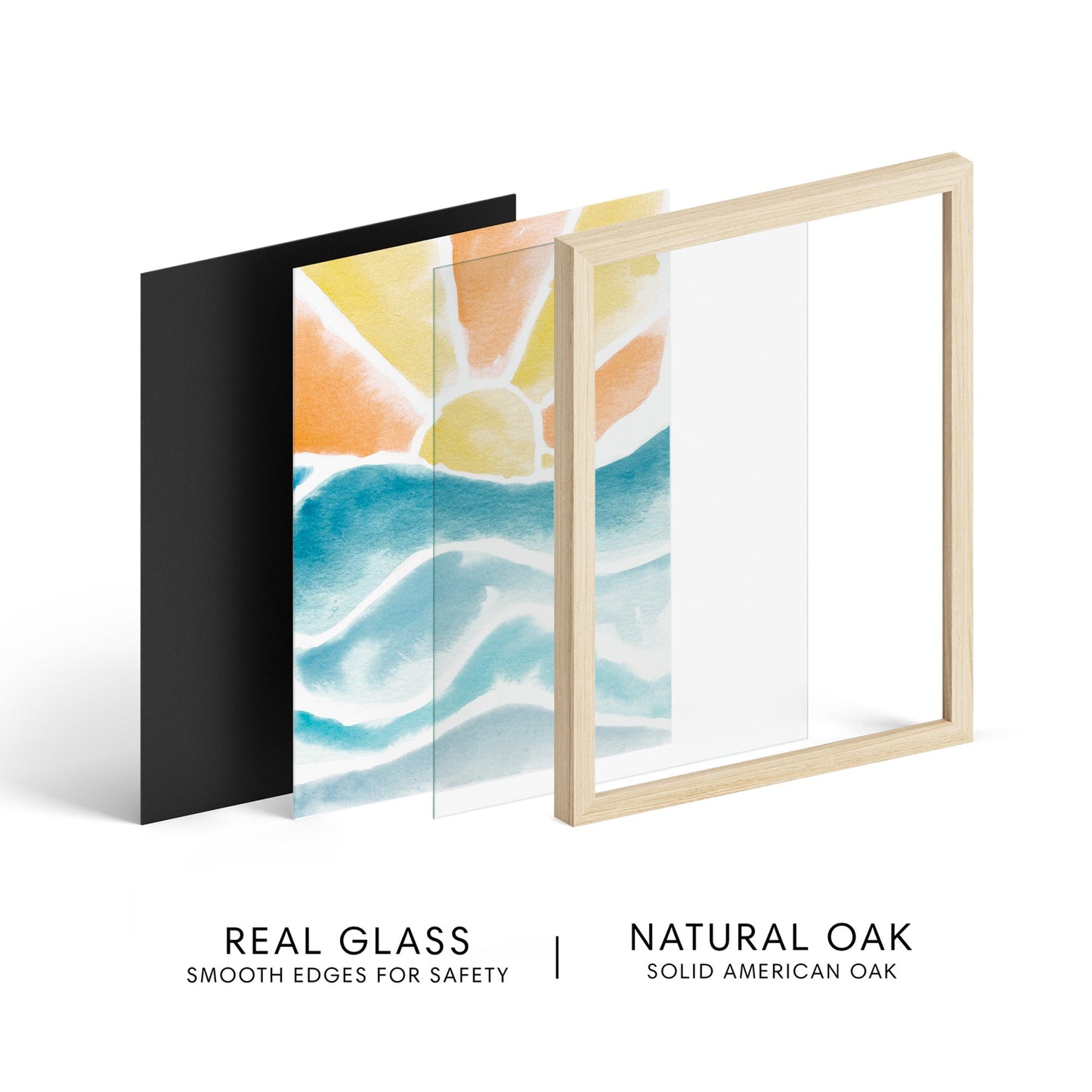 Sunset over waves watercolor art print for beach nurseries and coastal kids rooms. Calm ocean wall decor with soft nautical style.