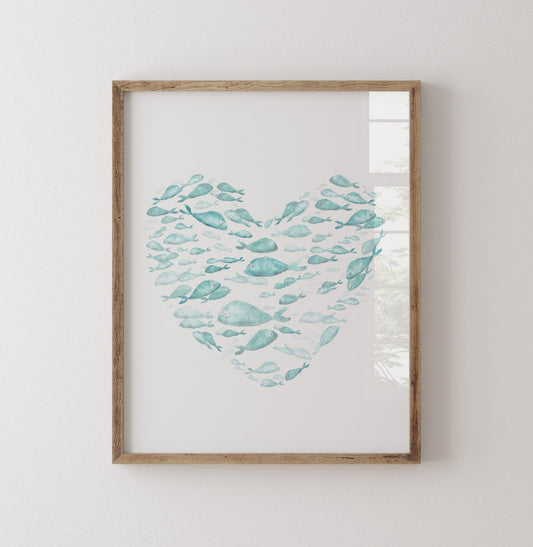 Turquoise Fish Heart Watercolor Print - Art Prints - Moon Rock Prints