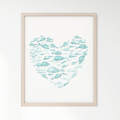 Turquoise Fish Heart Watercolor Print - Art Prints - Moon Rock Prints