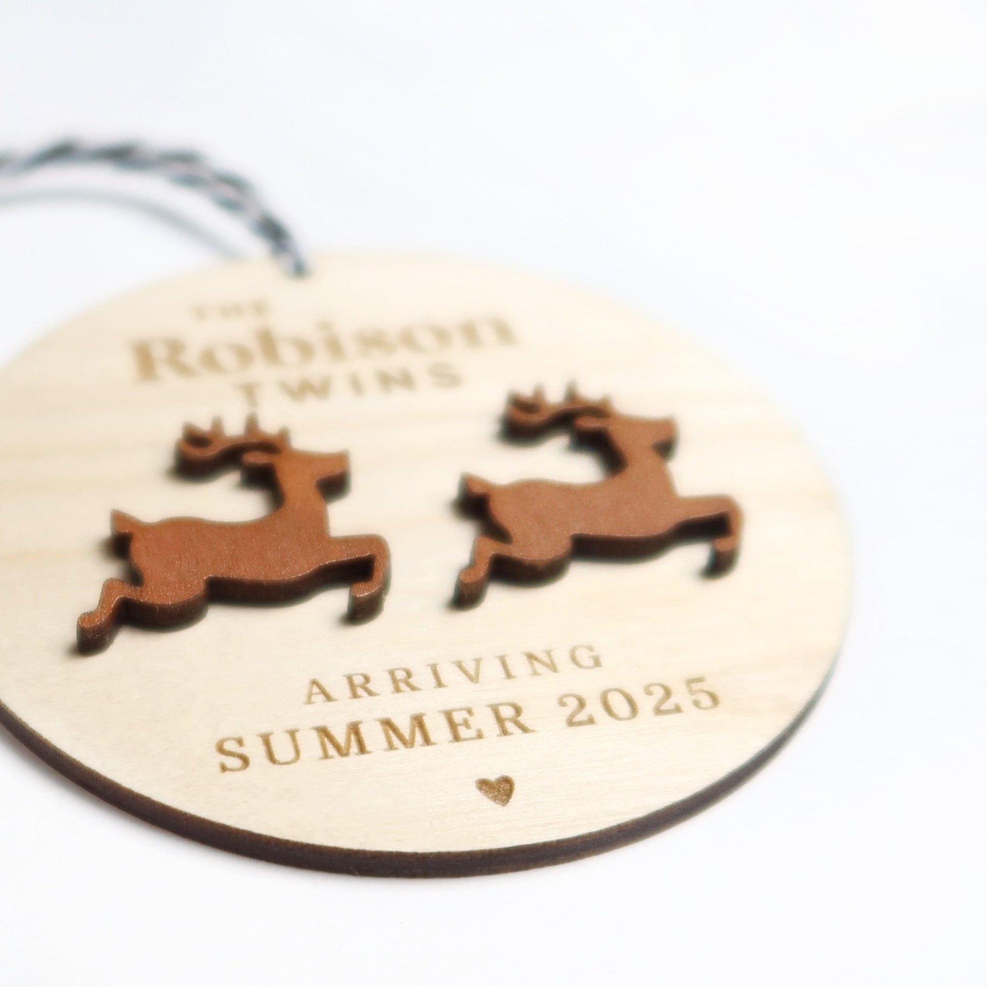 Twin Pregnancy Announcement Reindeer Ornament Personalized - Holiday Ornaments - Moon Rock Prints