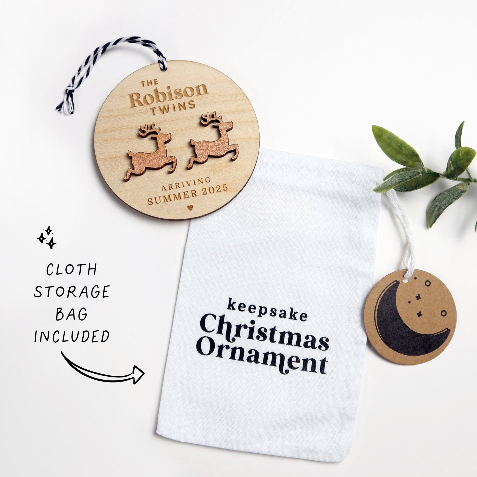 Twin Pregnancy Announcement Reindeer Ornament Personalized - Holiday Ornaments - Moon Rock Prints