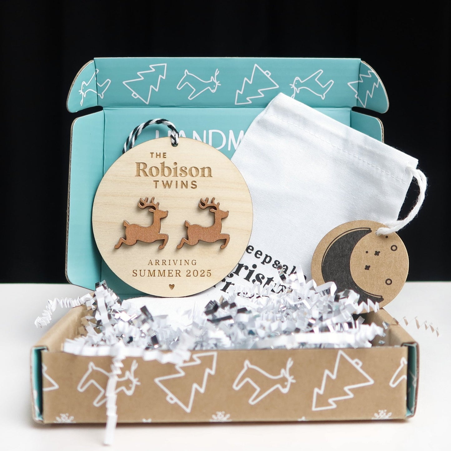 Twin Pregnancy Announcement Reindeer Ornament Personalized - Holiday Ornaments - Moon Rock Prints
