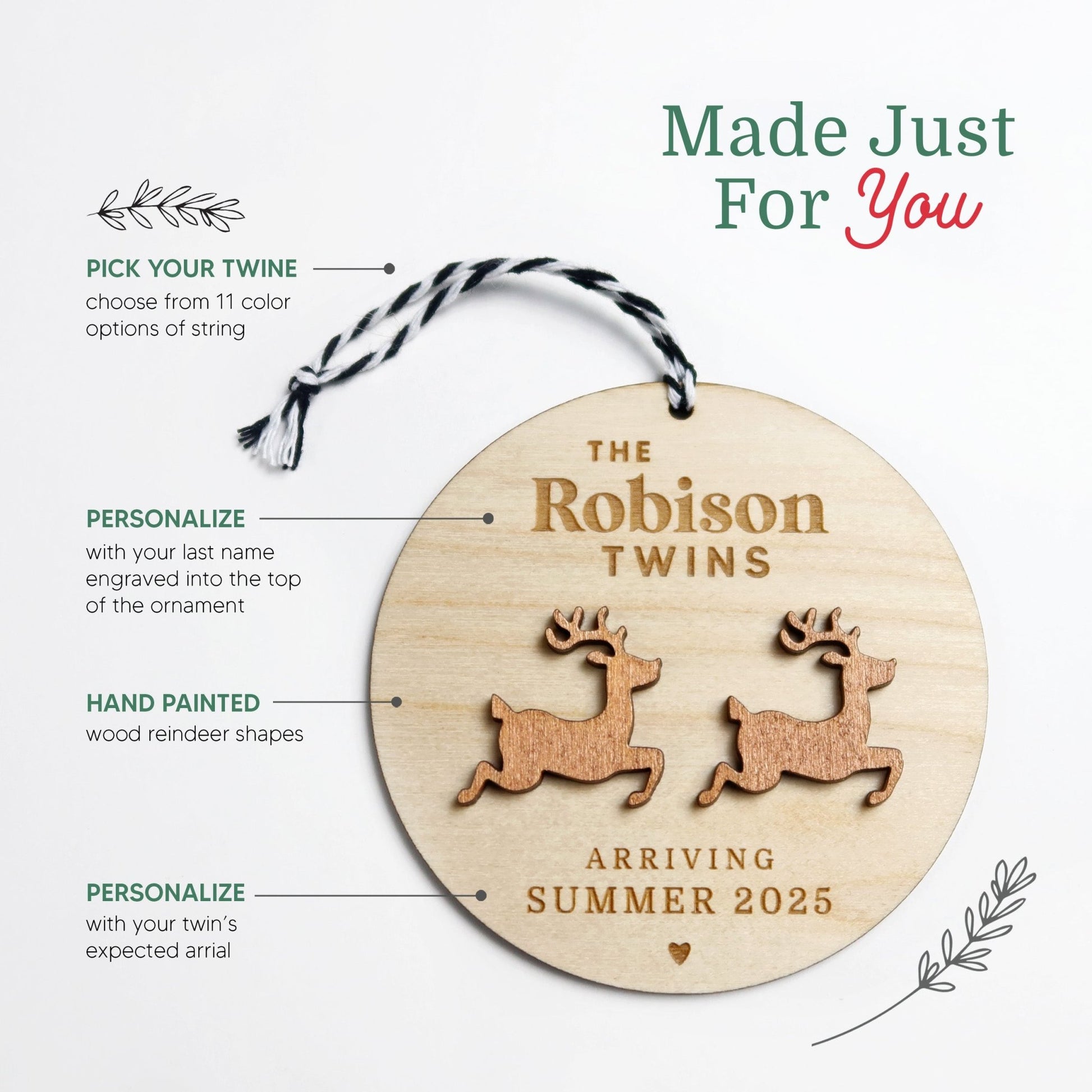Twin Pregnancy Announcement Reindeer Ornament Personalized - Holiday Ornaments - Moon Rock Prints