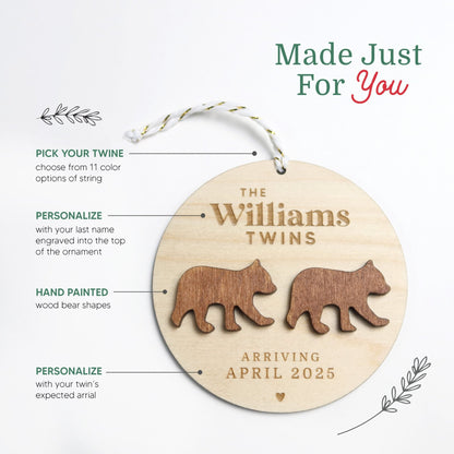 Twins Pregnancy Announcement Personalized Bears Ornament - Holiday Ornaments - Moon Rock Prints
