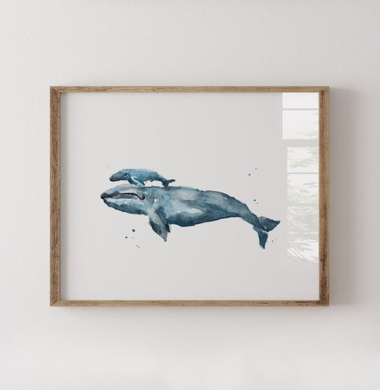 Whale and Baby Whale Calf Watercolor Art Print - Art Prints - Moon Rock Prints