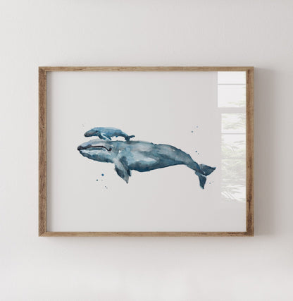 Whale and Baby Whale Calf Watercolor Art Print - Art Prints - Moon Rock Prints