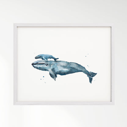 Whale and Baby Whale Calf Watercolor Art Print - Art Prints - Moon Rock Prints
