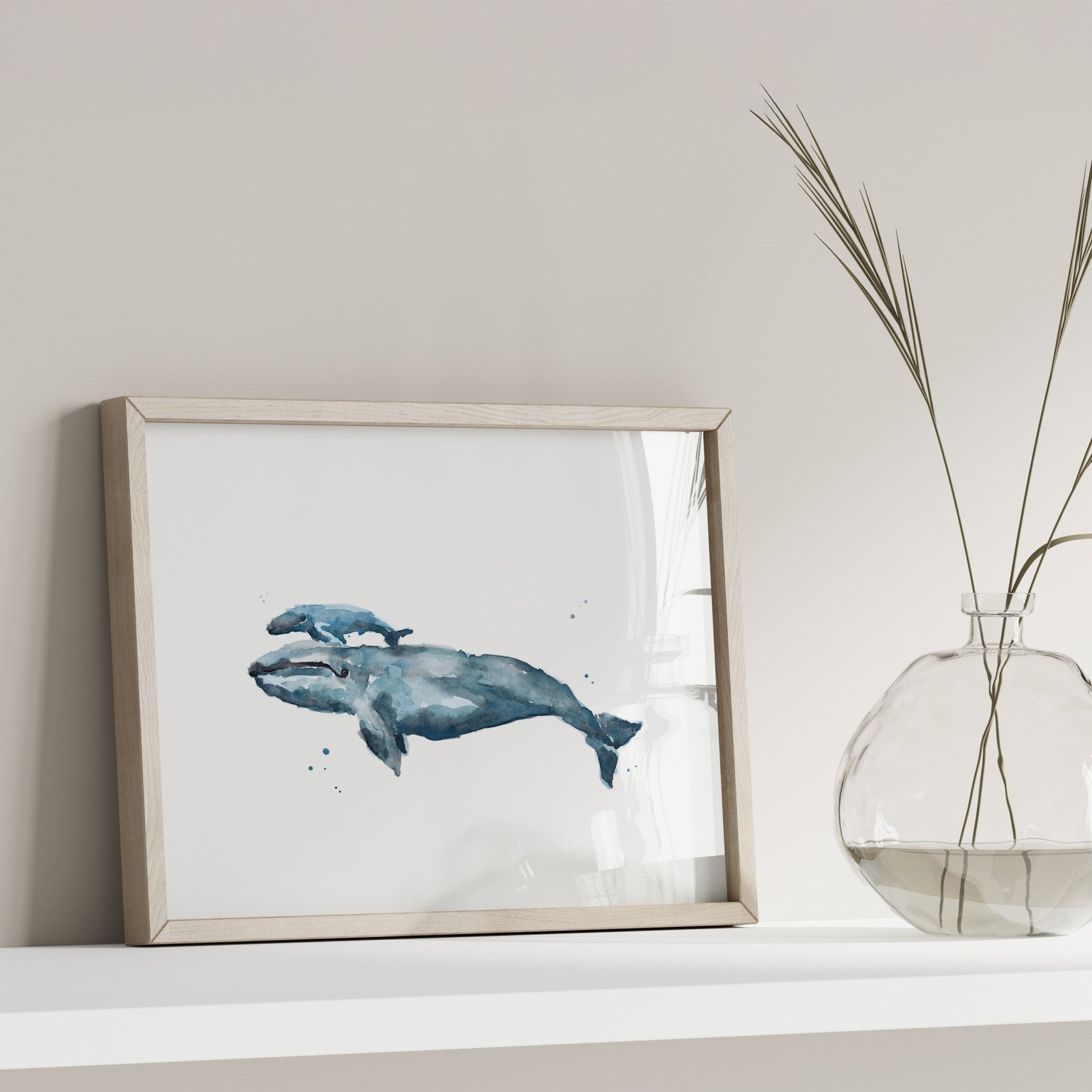 Whale and Baby Whale Calf Watercolor Art Print - Art Prints - Moon Rock Prints