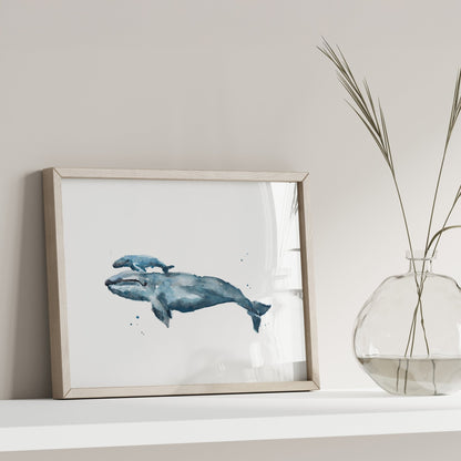 Whale and Baby Whale Calf Watercolor Art Print - Art Prints - Moon Rock Prints