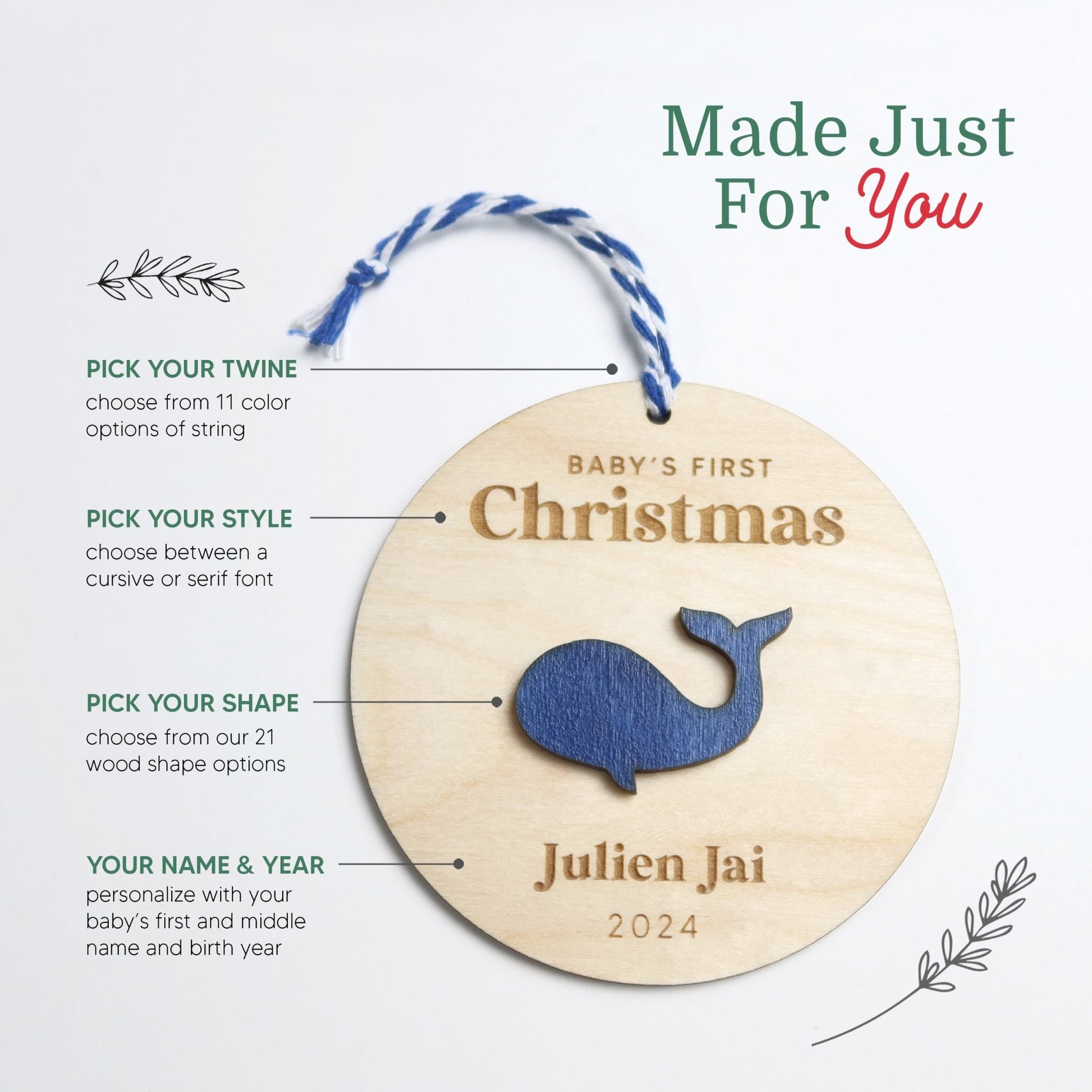 Whale Baby's First Christmas Ornament Personalized - Holiday Ornaments - Moon Rock Prints