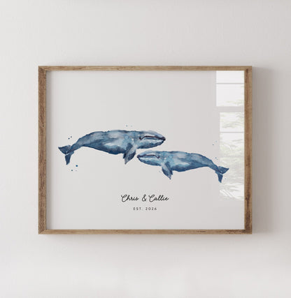 Whale Couple Personalized Watercolor Art Print - Art Prints - Moon Rock Prints