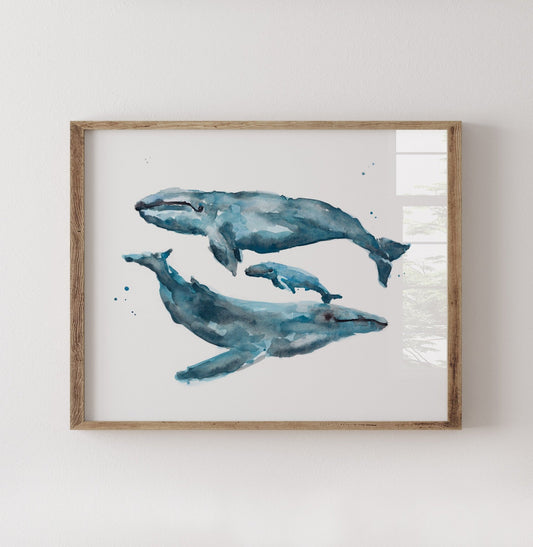 Whale Family of 3 Ocean Animal Watercolor Art Print - Art Prints - Moon Rock Prints