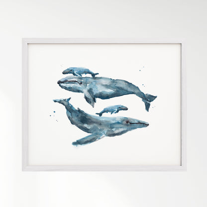 Whale Family of 4 Ocean Animal Watercolor Art Print - Art Prints - Moon Rock Prints