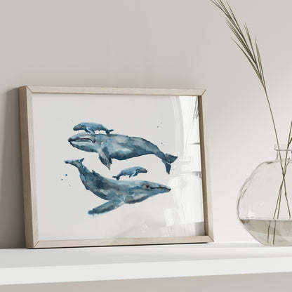 Whale Family of 4 Ocean Animal Watercolor Art Print - Art Prints - Moon Rock Prints