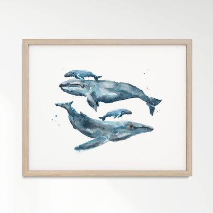 Whale Family of 4 Ocean Animal Watercolor Art Print - Art Prints - Moon Rock Prints