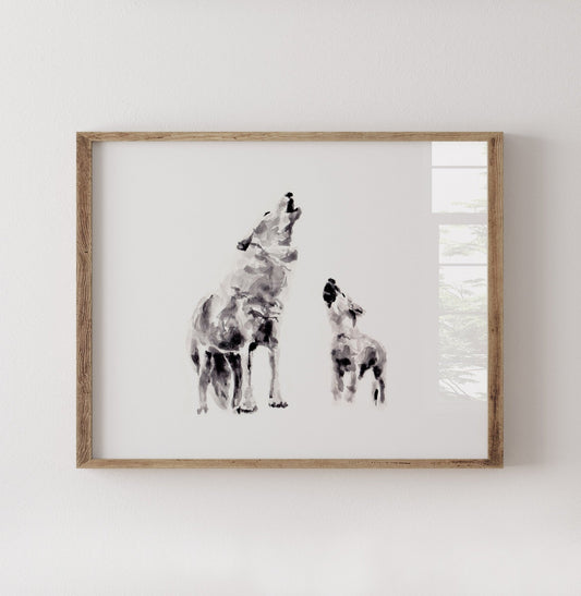 Wolf and Baby Wolf Woodland Animal Watercolor Art Print - Art Prints - Moon Rock Prints
