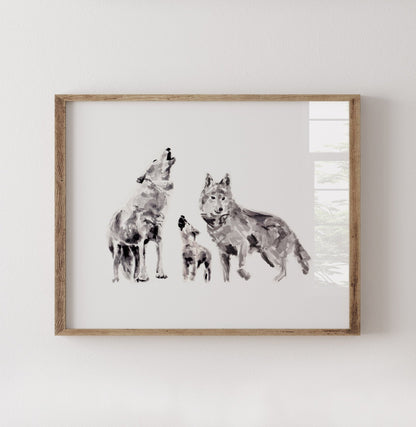Wolf Family of 3 Woodland Animal Watercolor Art Print - Art Prints - Moon Rock Prints