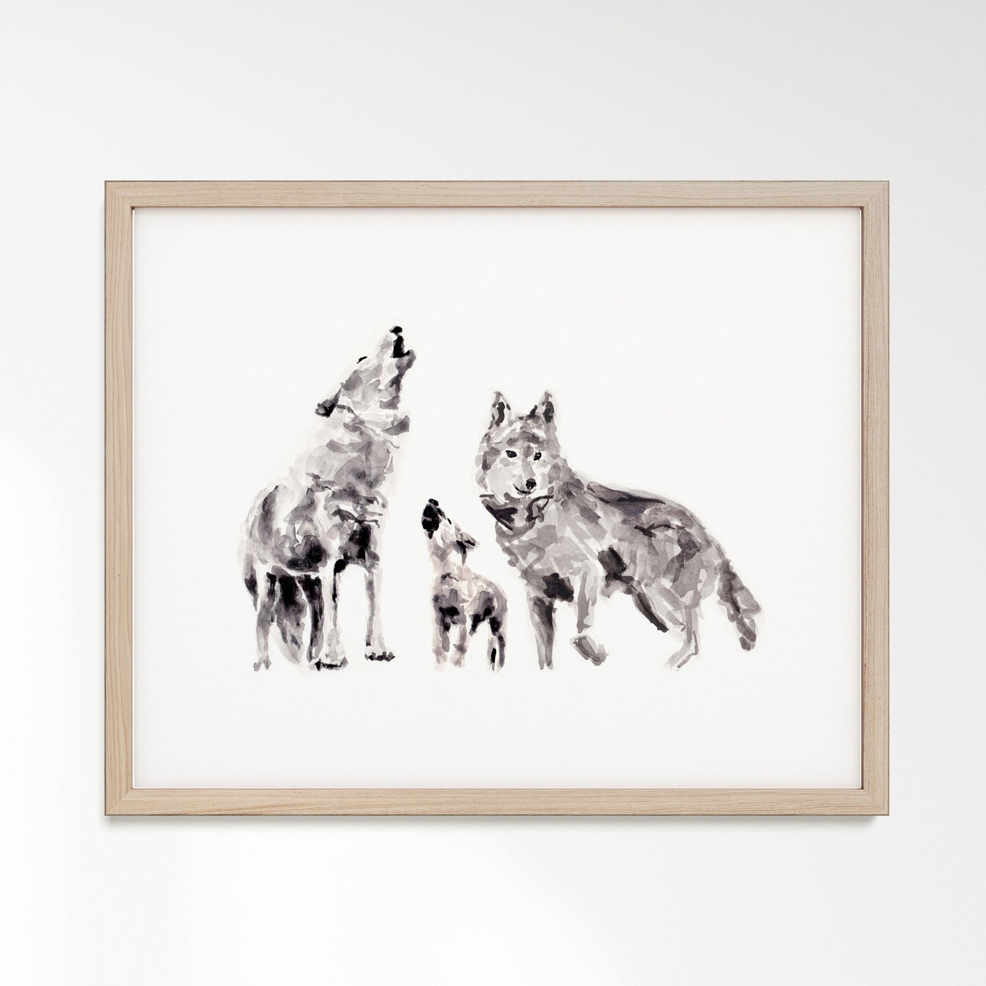Wolf Family of 3 Woodland Animal Watercolor Art Print - Art Prints - Moon Rock Prints