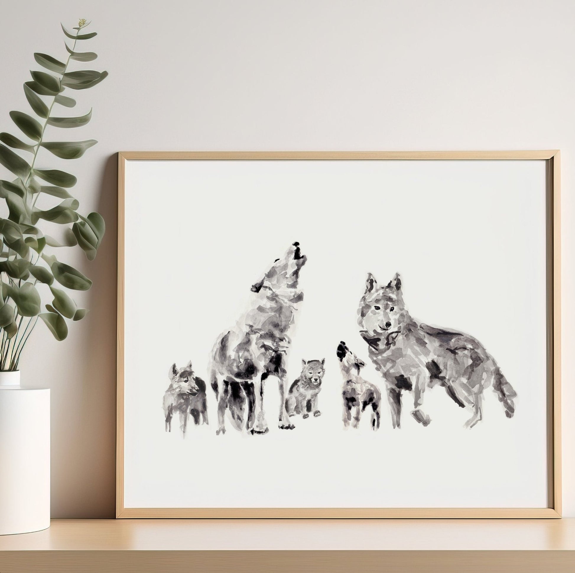 Wolf Family of 5 Woodland Animal Watercolor Art Print - Art Prints - Moon Rock Prints