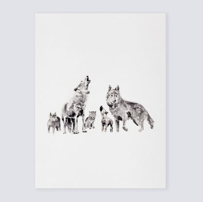 Wolf Family of 5 Woodland Animal Watercolor Art Print - Art Prints - Moon Rock Prints