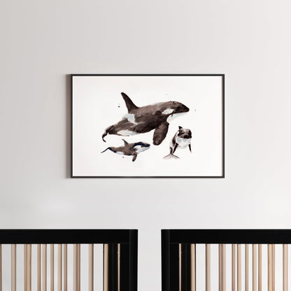 Baby Orcas & Parent Watercolor Print - Art Prints - Moon Rock Prints
