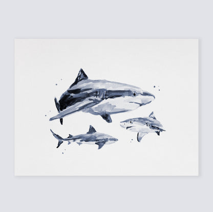 Baby Sharks & Big Shark Watercolor Print - Art Prints - Moon Rock Prints