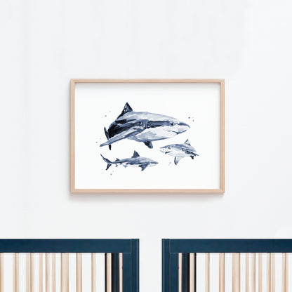 Baby Sharks & Big Shark Watercolor Print - Art Prints - Moon Rock Prints