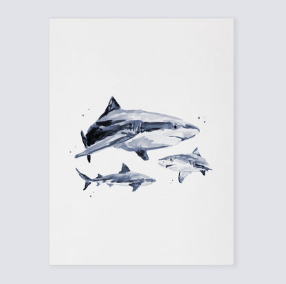Baby Sharks & Big Shark Watercolor Print - Art Prints - Moon Rock Prints
