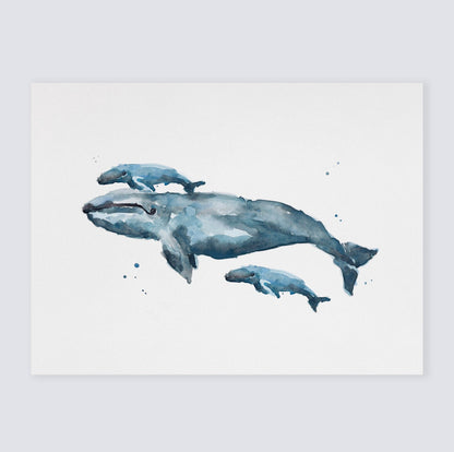 Baby Whales & Mom Watercolor Print - Art Prints - Moon Rock Prints