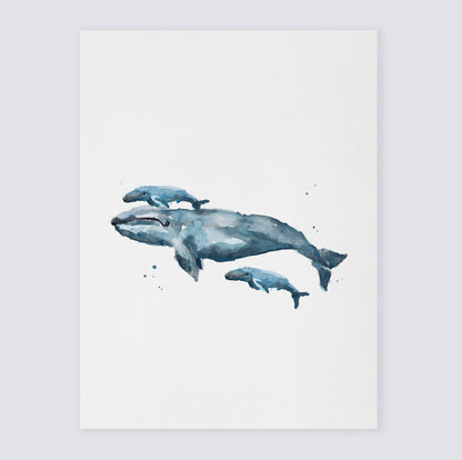 Baby Whales & Mom Watercolor Print - Art Prints - Moon Rock Prints